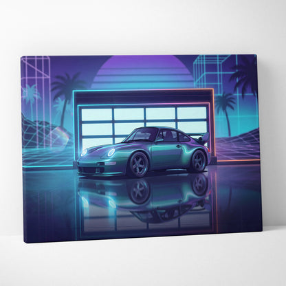Porsche 911 GT2 Classic Inspired Silver Purple Canvas Wall Art Vaporwave Neon Garage Sports Car Artwork, Retro Palm Sunset Decor