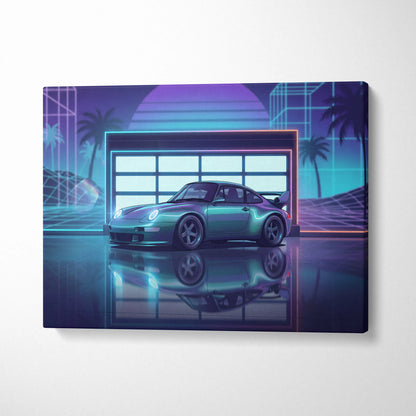 Porsche 911 GT2 Classic Inspired Silver Purple Canvas Wall Art Vaporwave Neon Garage Sports Car Artwork, Retro Palm Sunset Decor