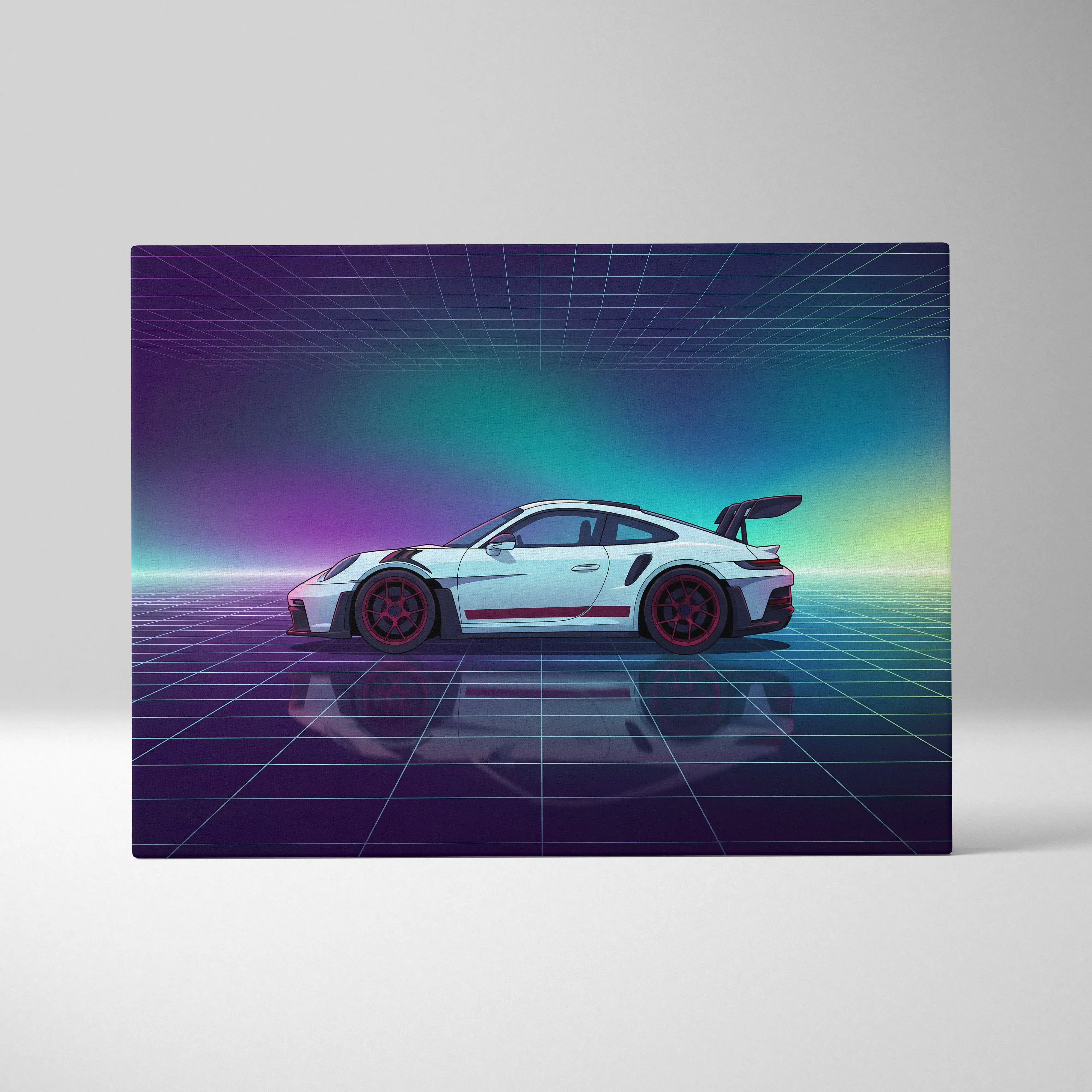 Porsche 911 GT3 RS Inspired White Purple Canvas Wall Art Vaporwave Sports Car Artwork Neon Grid Garage Decor Retro Futuristic Motorsport Print
