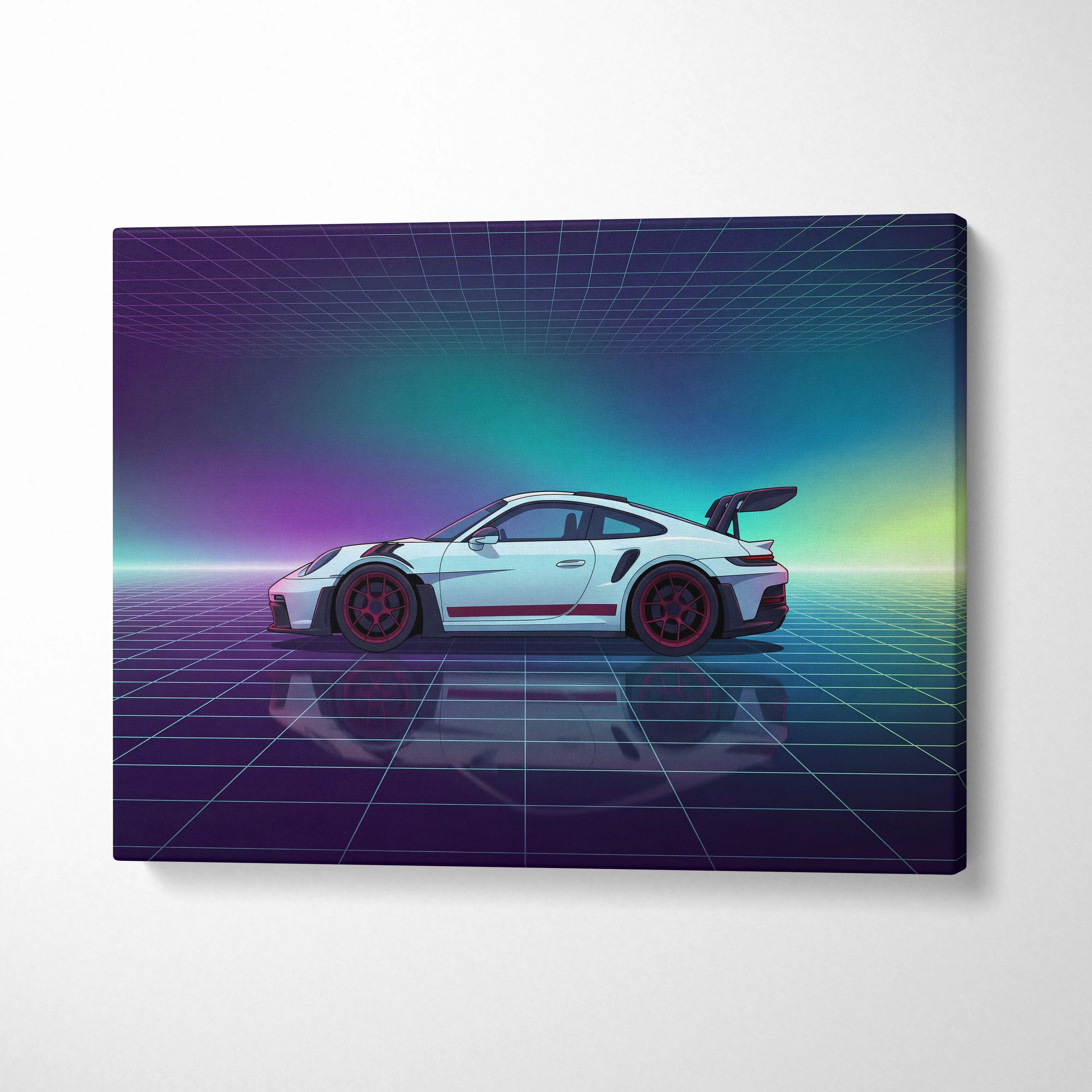 Porsche 911 GT3 RS Inspired White Purple Canvas Wall Art Vaporwave Sports Car Artwork Neon Grid Garage Decor Retro Futuristic Motorsport Print