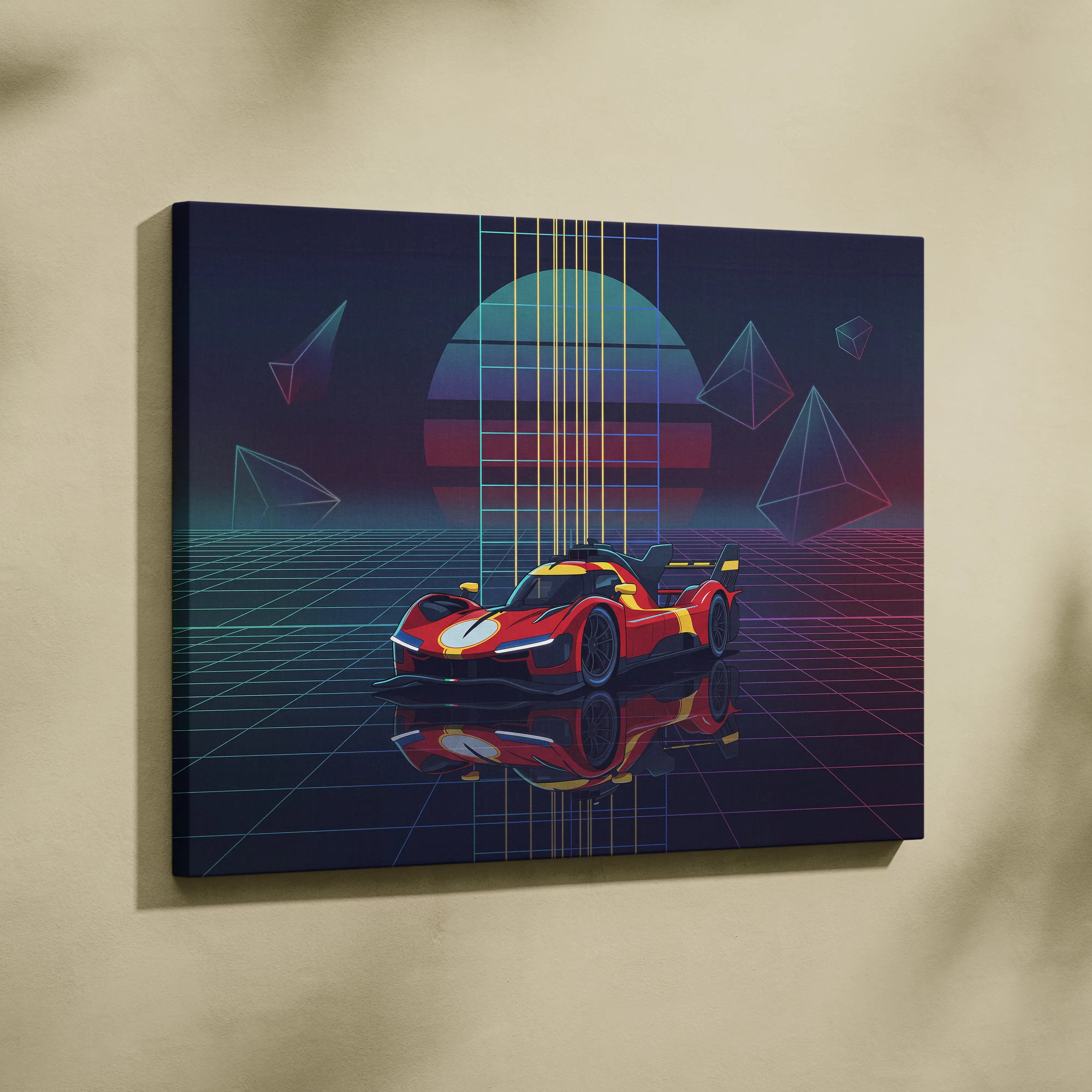 Ferrari 499P Inspired Red Yellow Canvas Wall Art Vaporwave Race Car Artwork Neon Grid Garage Decor Retro Futuristic Motorsport Print