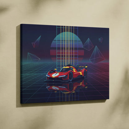 Ferrari 499P Inspired Red Yellow Canvas Wall Art Vaporwave Race Car Artwork Neon Grid Garage Decor Retro Futuristic Motorsport Print