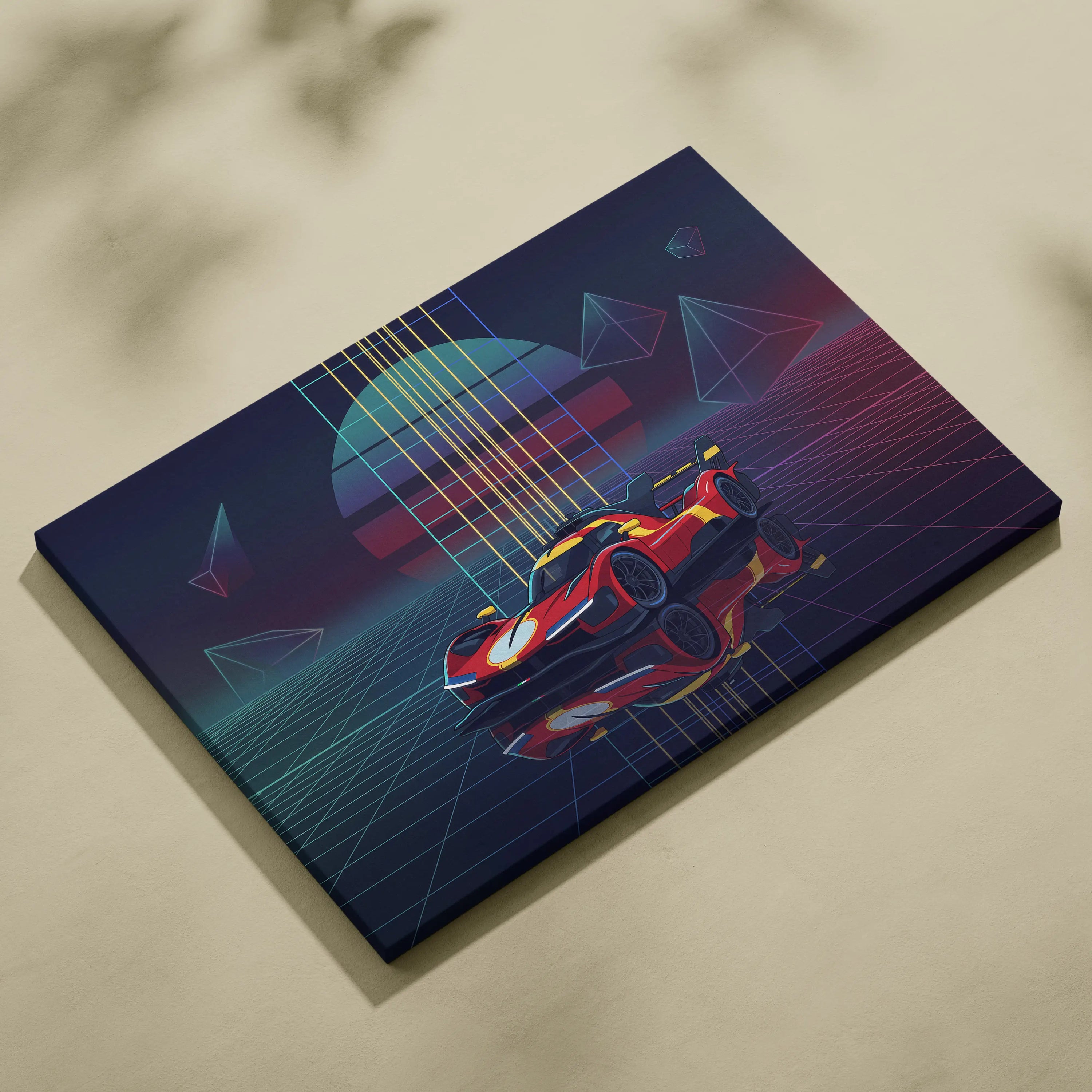 Ferrari 499P Inspired Red Yellow Canvas Wall Art Vaporwave Race Car Artwork Neon Grid Garage Decor Retro Futuristic Motorsport Print