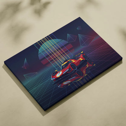 Ferrari 499P Inspired Red Yellow Canvas Wall Art Vaporwave Race Car Artwork Neon Grid Garage Decor Retro Futuristic Motorsport Print