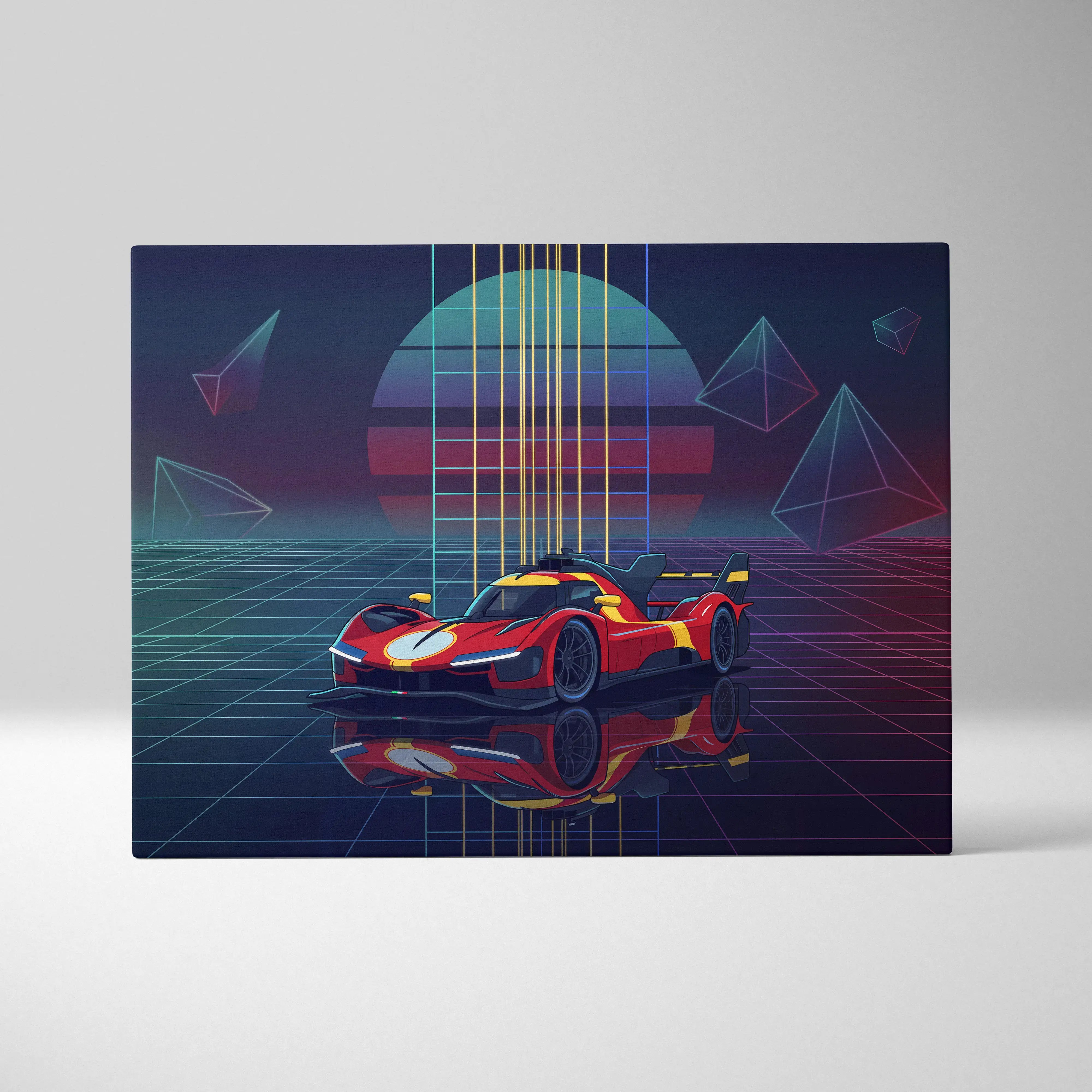 Ferrari 499P Inspired Red Yellow Canvas Wall Art Vaporwave Race Car Artwork Neon Grid Garage Decor Retro Futuristic Motorsport Print