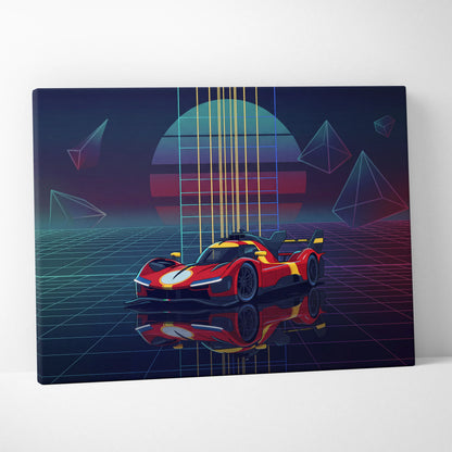 Ferrari 499P Inspired Red Yellow Canvas Wall Art Vaporwave Race Car Artwork Neon Grid Garage Decor Retro Futuristic Motorsport Print
