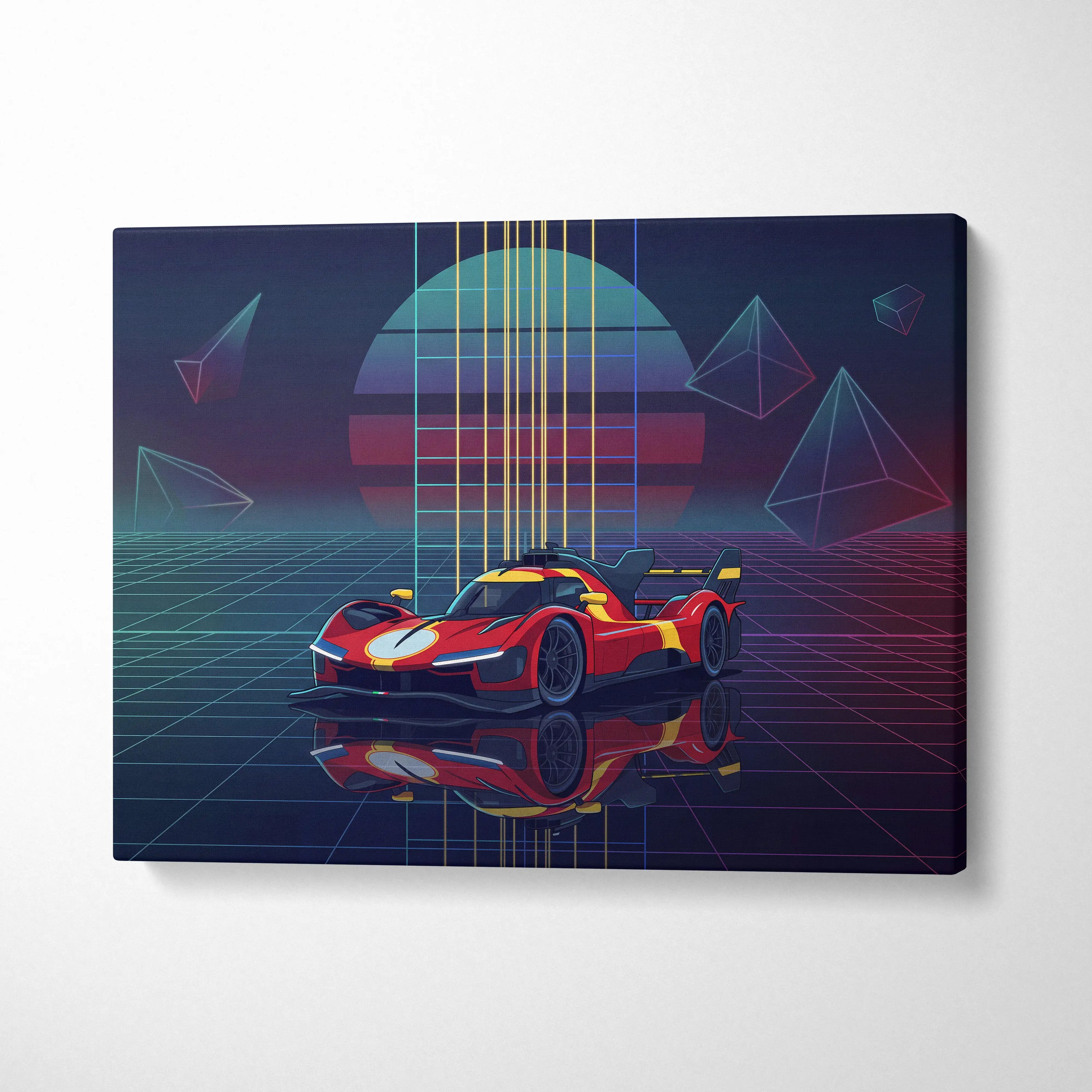 Ferrari 499P Inspired Red Yellow Canvas Wall Art Vaporwave Race Car Artwork Neon Grid Garage Decor Retro Futuristic Motorsport Print