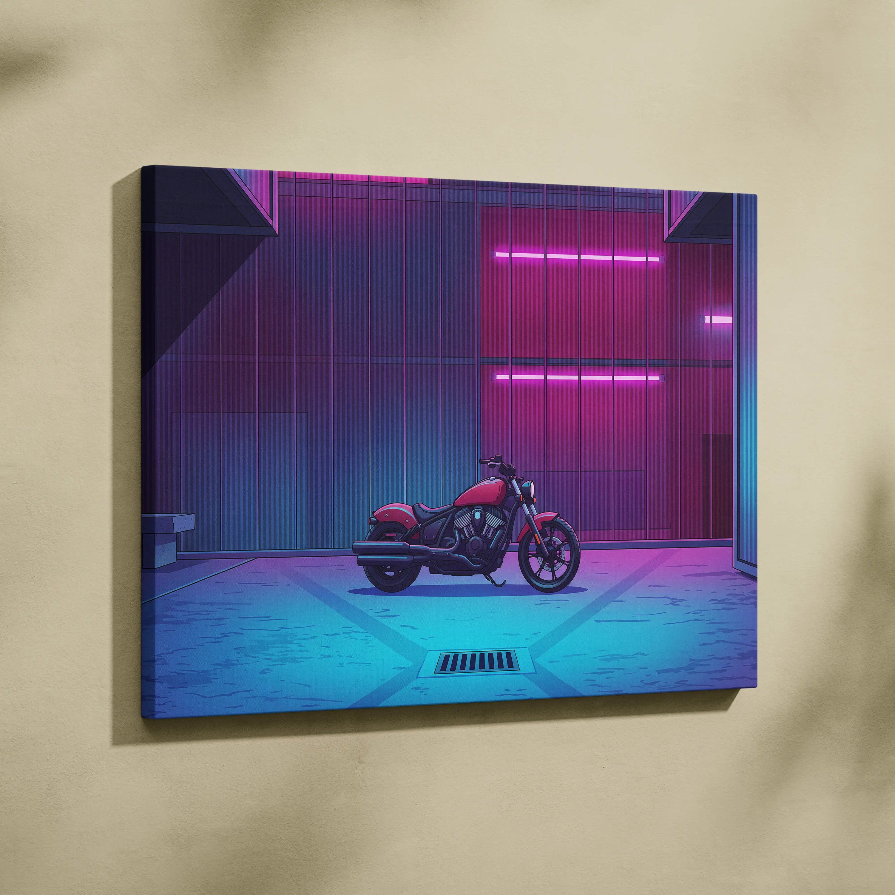Indian Scout Inspired Pink Cyan Motorcycle Canvas Wall Art Vaporwave Neon Cruiser Garage Decor Retro Futuristic Urban Bike Artwork