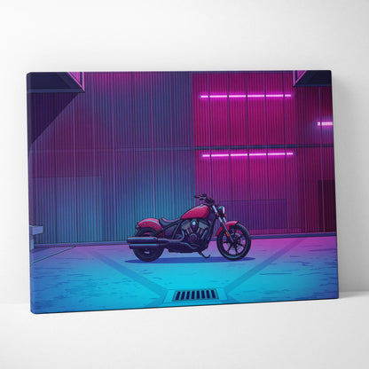 Indian Scout Inspired Pink Cyan Motorcycle Canvas Wall Art Vaporwave Neon Cruiser Garage Decor Retro Futuristic Urban Bike Artwork