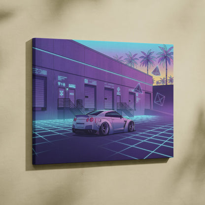 Nissan GT-R R35 Inspired White Purple Canvas Wall Art Vaporwave Neon Grid Car Artwork, Retro Cyberpunk Garage Decor