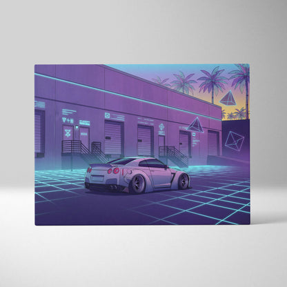 Nissan GT-R R35 Inspired White Purple Canvas Wall Art Vaporwave Neon Grid Car Artwork, Retro Cyberpunk Garage Decor