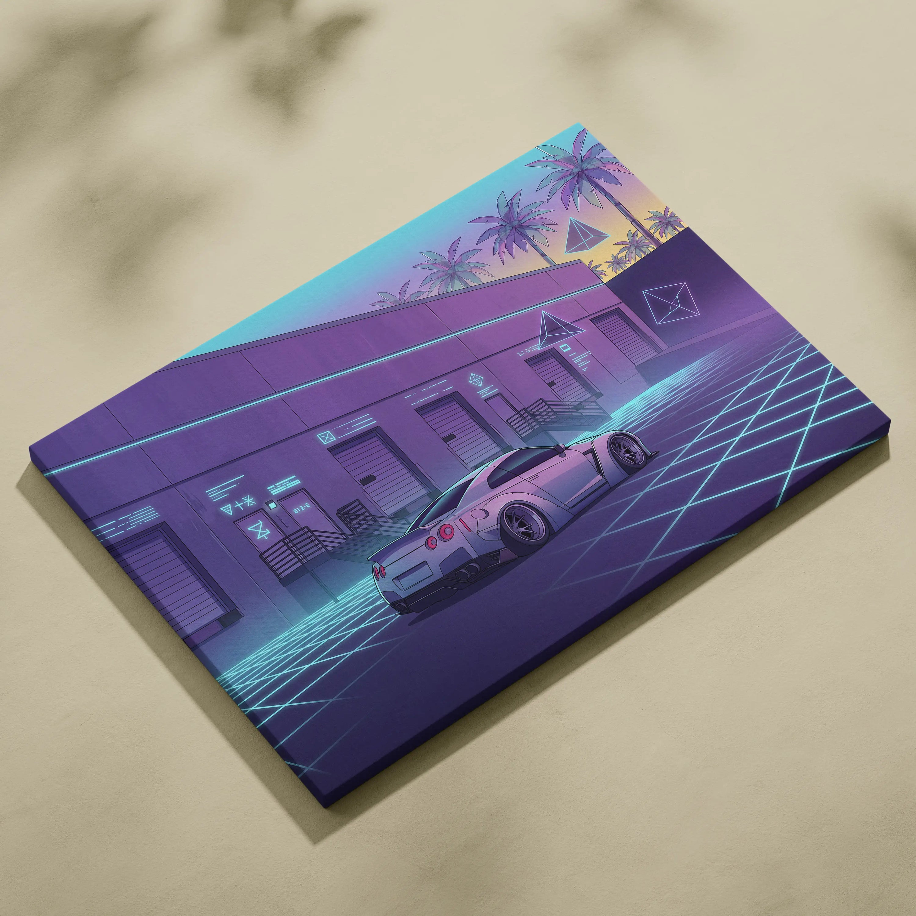 Nissan GT-R R35 Inspired White Purple Canvas Wall Art Vaporwave Neon Grid Car Artwork, Retro Cyberpunk Garage Decor