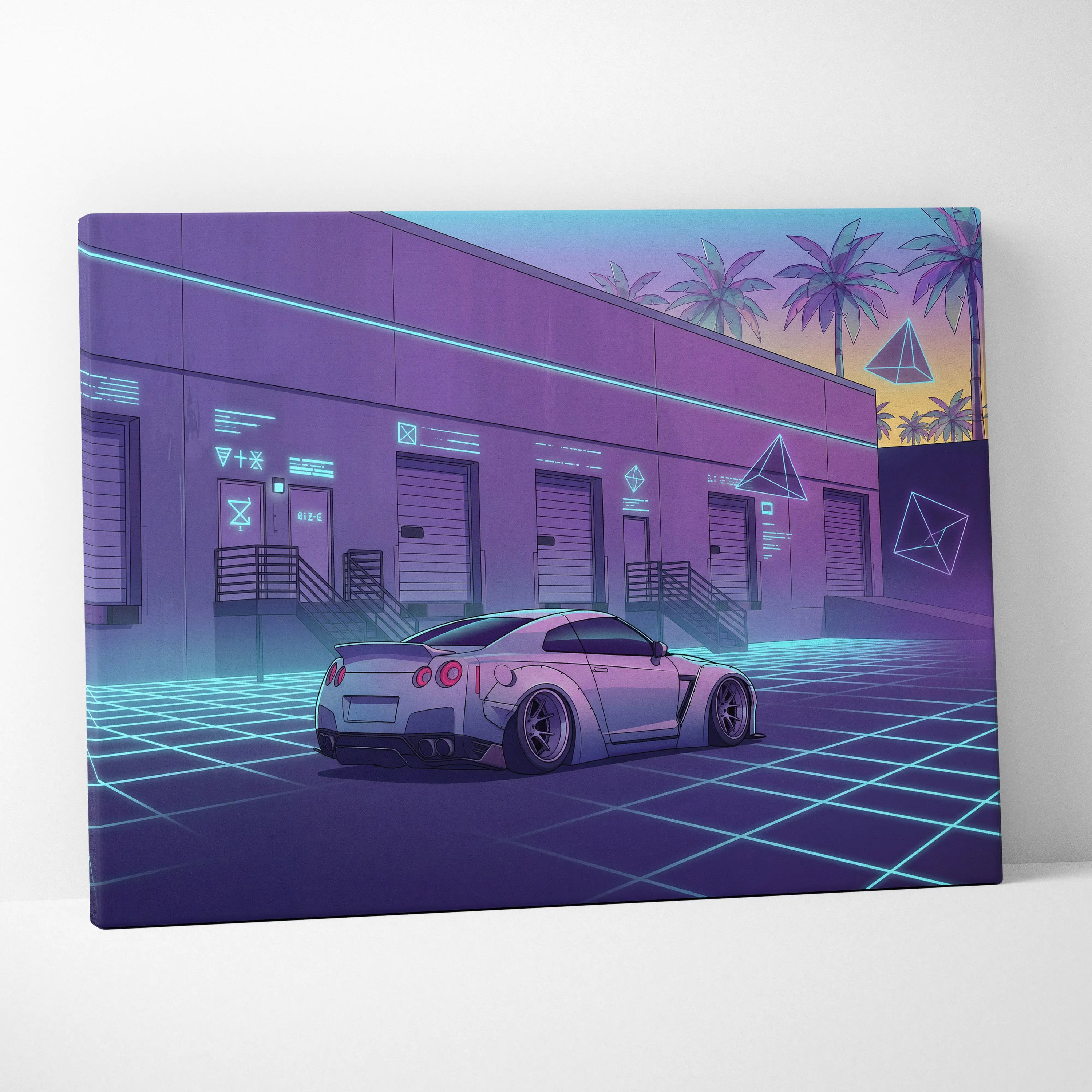 Nissan GT-R R35 Inspired White Purple Canvas Wall Art Vaporwave Neon Grid Car Artwork, Retro Cyberpunk Garage Decor