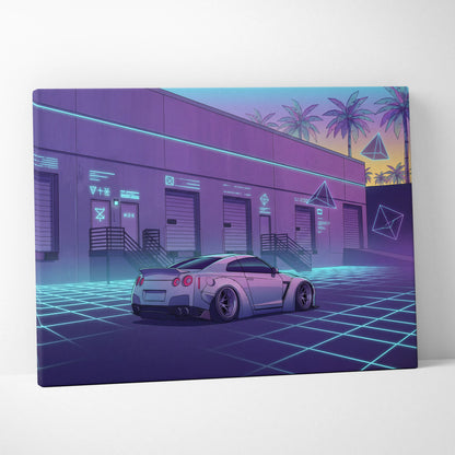 Nissan GT-R R35 Inspired White Purple Canvas Wall Art Vaporwave Neon Grid Car Artwork, Retro Cyberpunk Garage Decor