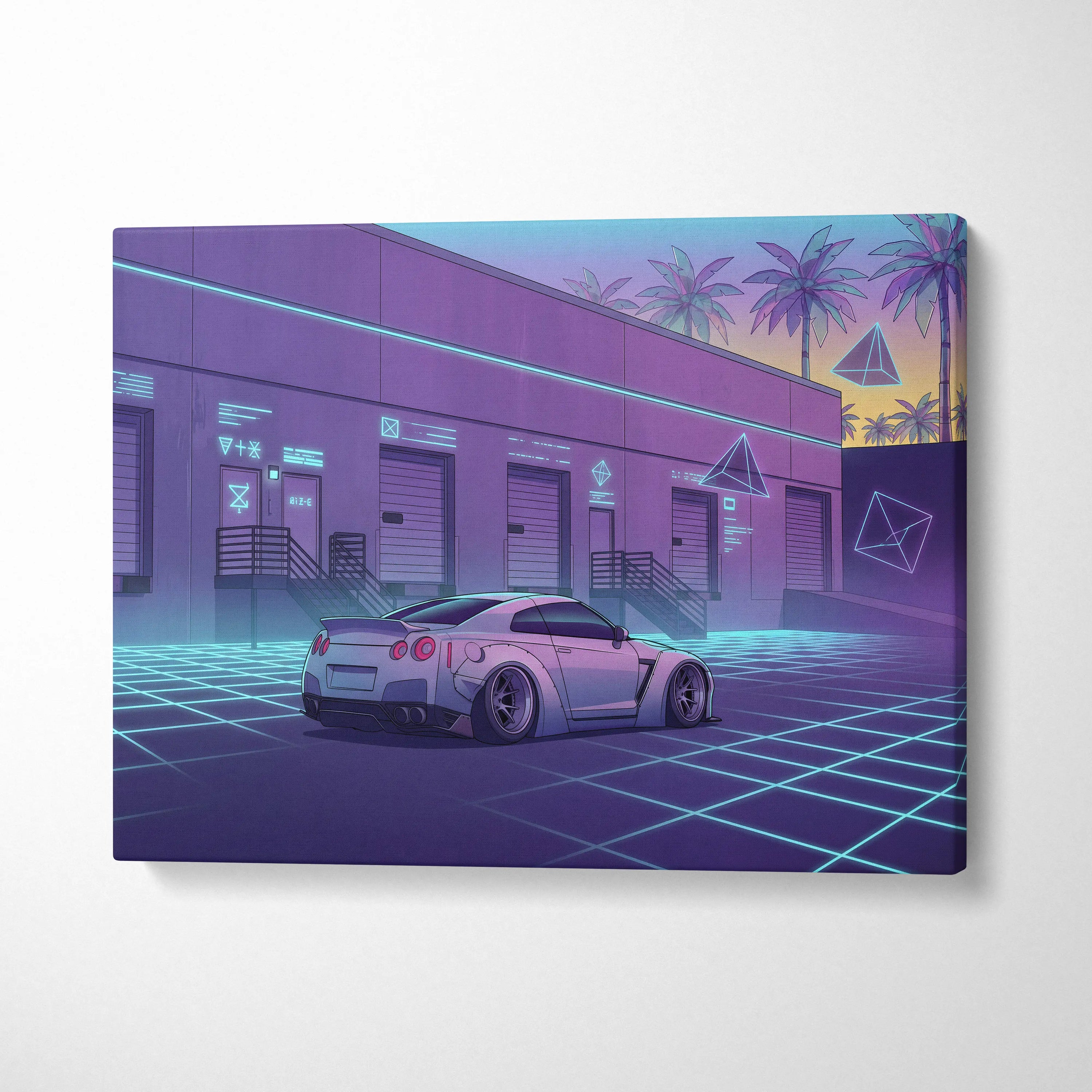 Nissan GT-R R35 Inspired White Purple Canvas Wall Art Vaporwave Neon Grid Car Artwork, Retro Cyberpunk Garage Decor