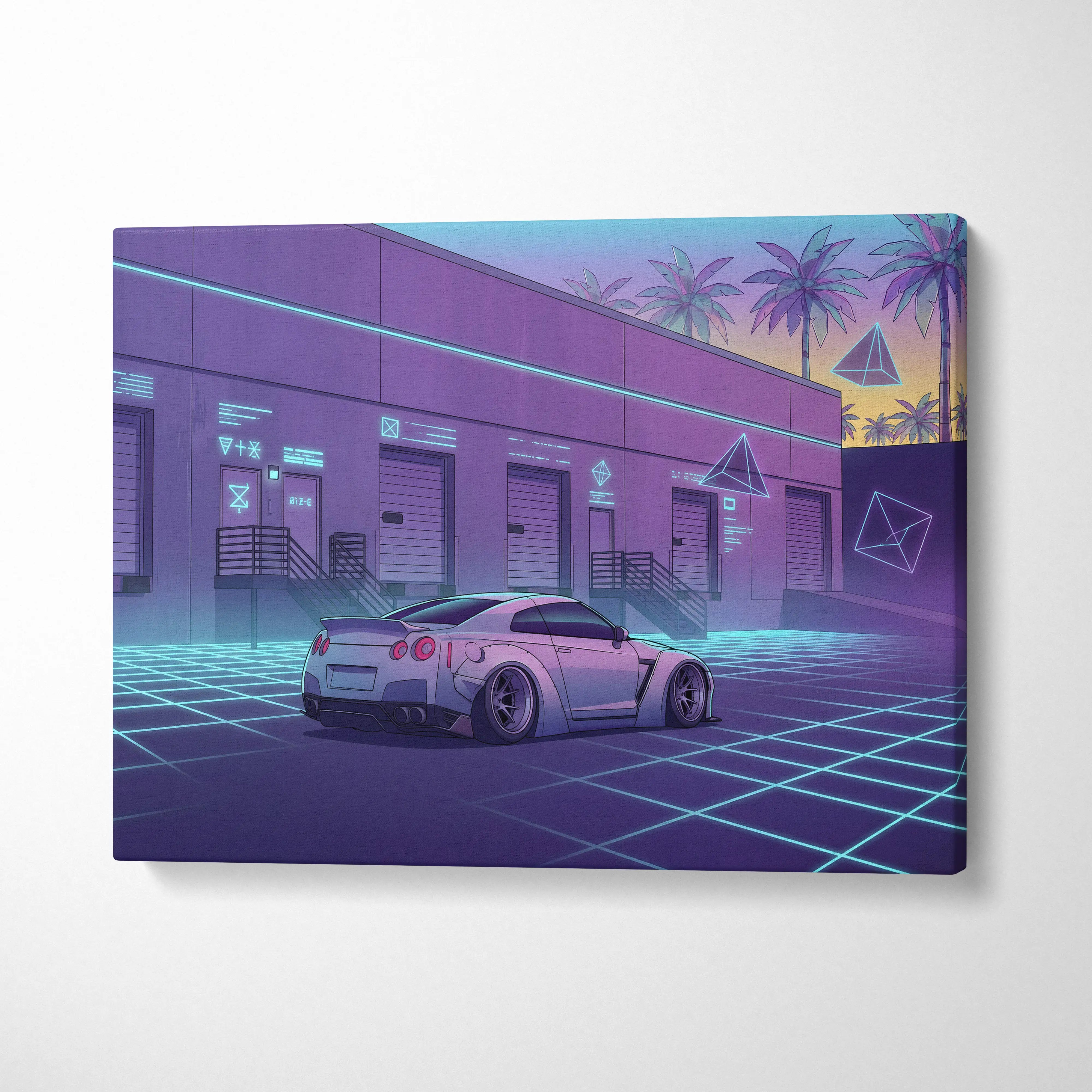 Nissan GT-R R35 Inspired White Purple Canvas Wall Art Vaporwave Neon Grid Car Artwork, Retro Cyberpunk Garage Decor