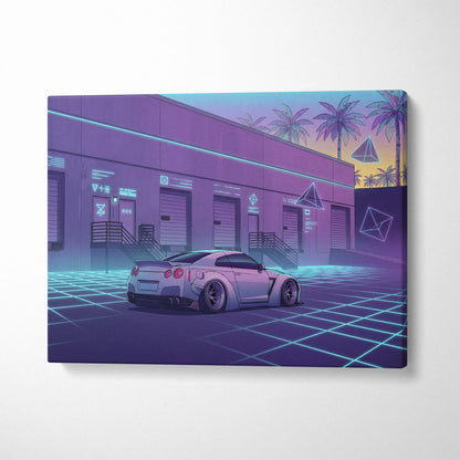 Nissan GT-R R35 Inspired White Purple Canvas Wall Art Vaporwave Neon Grid Car Artwork, Retro Cyberpunk Garage Decor