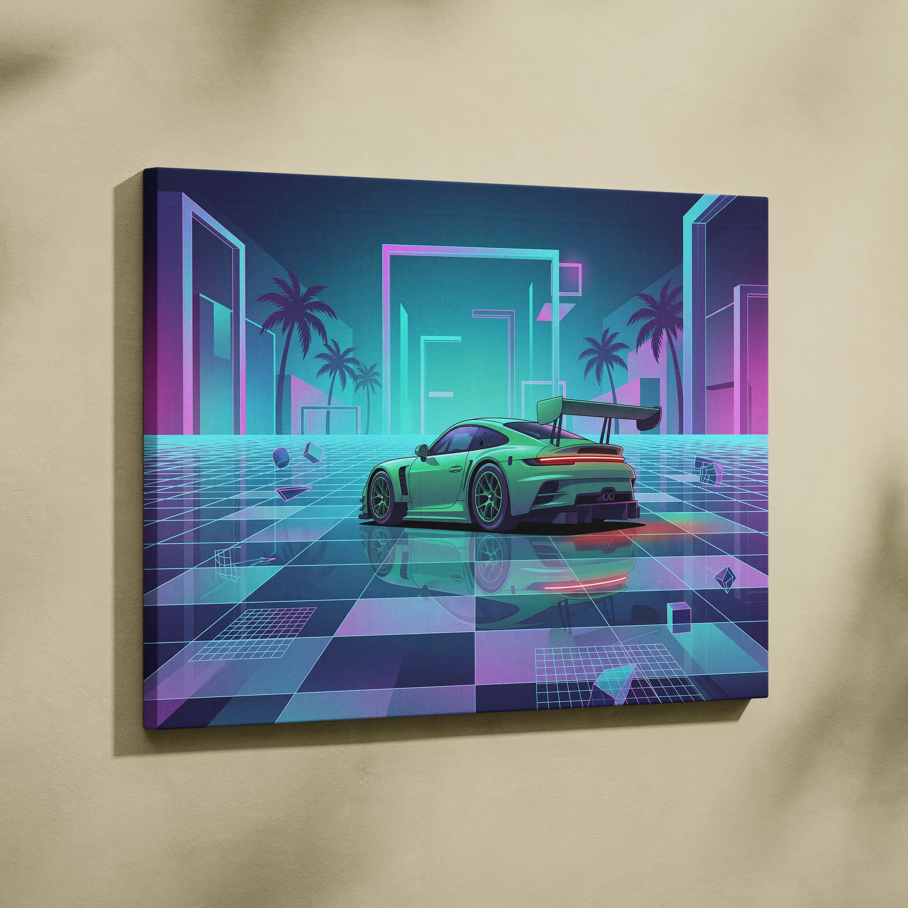 Porsche 911 GT3 RS Inspired Green Purple Canvas Wall Art Vaporwave Neon City Sports Car Artwork, Cyberpunk Palm Garage Decor