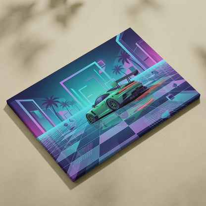 Porsche 911 GT3 RS Inspired Green Purple Canvas Wall Art Vaporwave Neon City Sports Car Artwork, Cyberpunk Palm Garage Decor