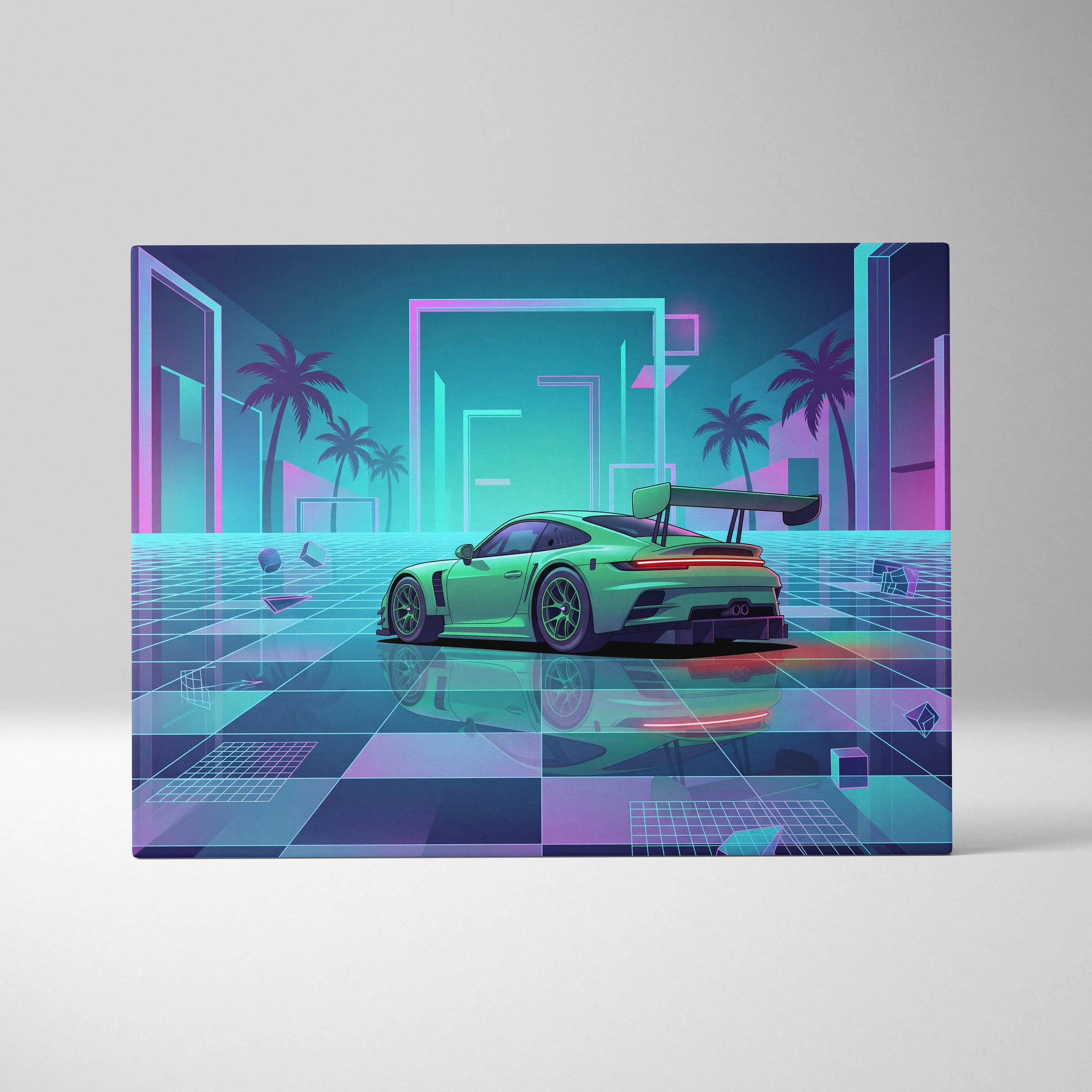 Porsche 911 GT3 RS Inspired Green Purple Canvas Wall Art Vaporwave Neon City Sports Car Artwork, Cyberpunk Palm Garage Decor