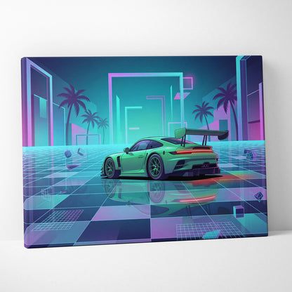Porsche 911 GT3 RS Inspired Green Purple Canvas Wall Art Vaporwave Neon City Sports Car Artwork, Cyberpunk Palm Garage Decor