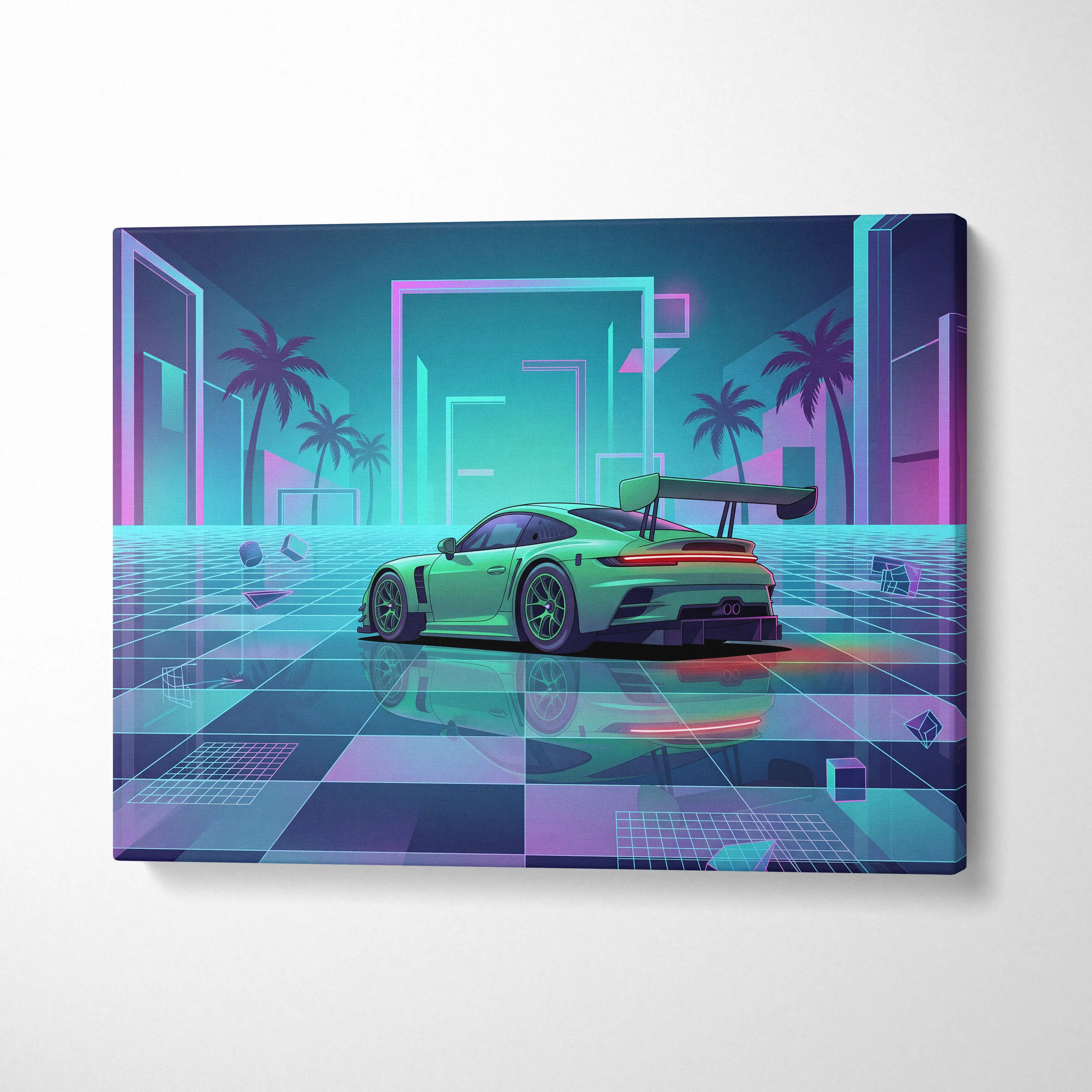 Porsche 911 GT3 RS Inspired Green Purple Canvas Wall Art Vaporwave Neon City Sports Car Artwork, Cyberpunk Palm Garage Decor