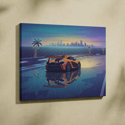 McLaren P1 GTR Inspired Orange Blue Canvas Wall Art, Vaporwave Hypercar Artwork, Neon Rain City Decor, Retro Futuristic Motorsport Print