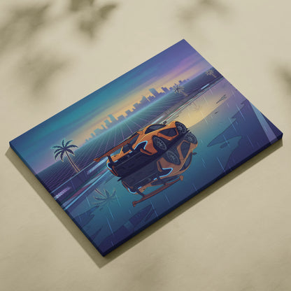 McLaren P1 GTR Inspired Orange Blue Canvas Wall Art, Vaporwave Hypercar Artwork, Neon Rain City Decor, Retro Futuristic Motorsport Print