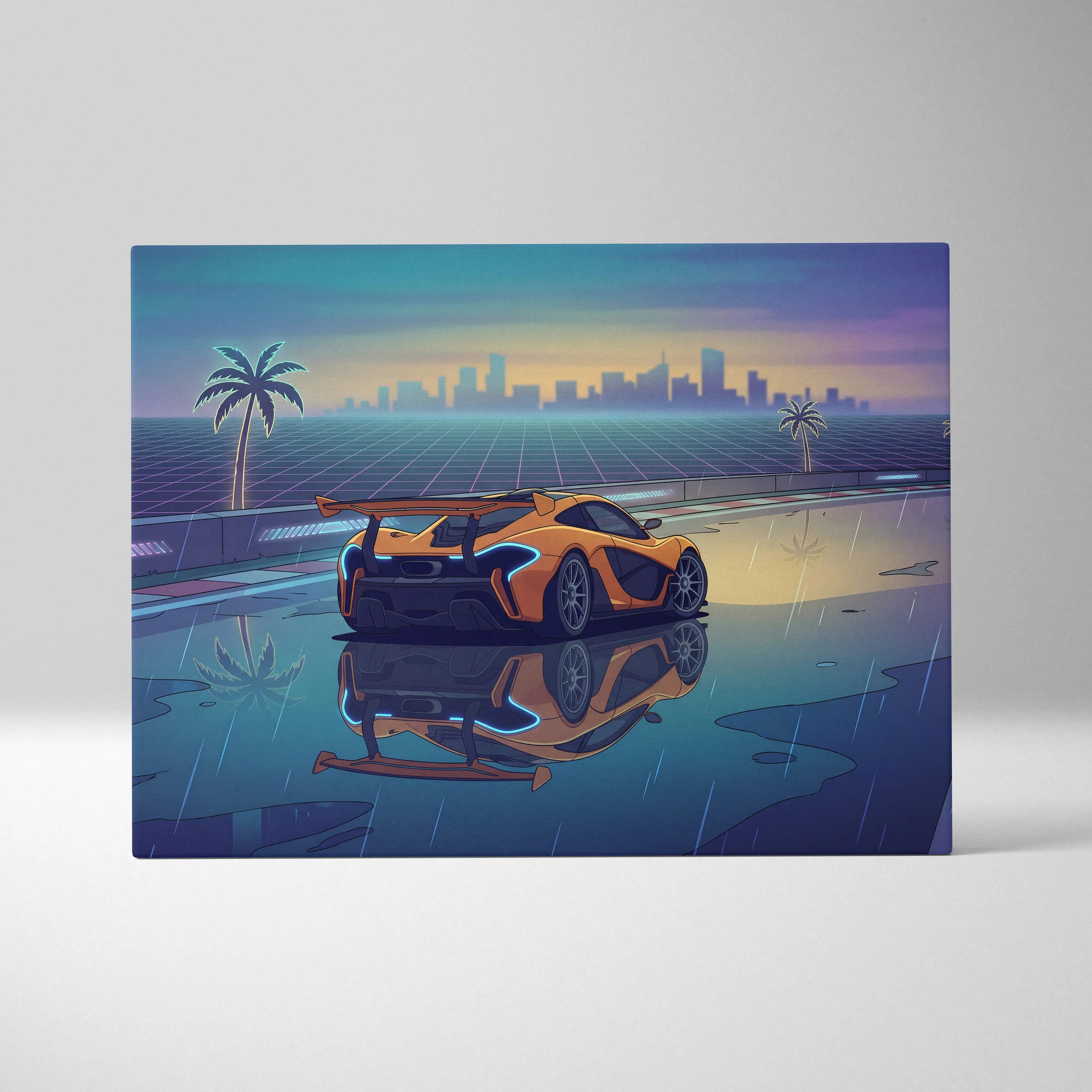 McLaren P1 GTR Inspired Orange Blue Canvas Wall Art, Vaporwave Hypercar Artwork, Neon Rain City Decor, Retro Futuristic Motorsport Print
