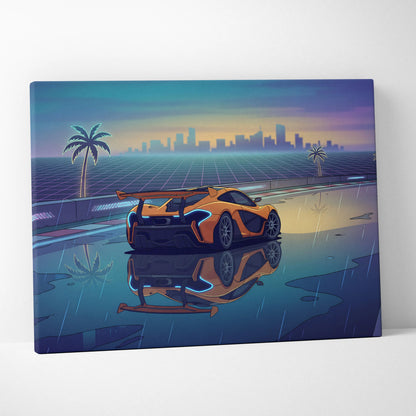 McLaren P1 GTR Inspired Orange Blue Canvas Wall Art, Vaporwave Hypercar Artwork, Neon Rain City Decor, Retro Futuristic Motorsport Print