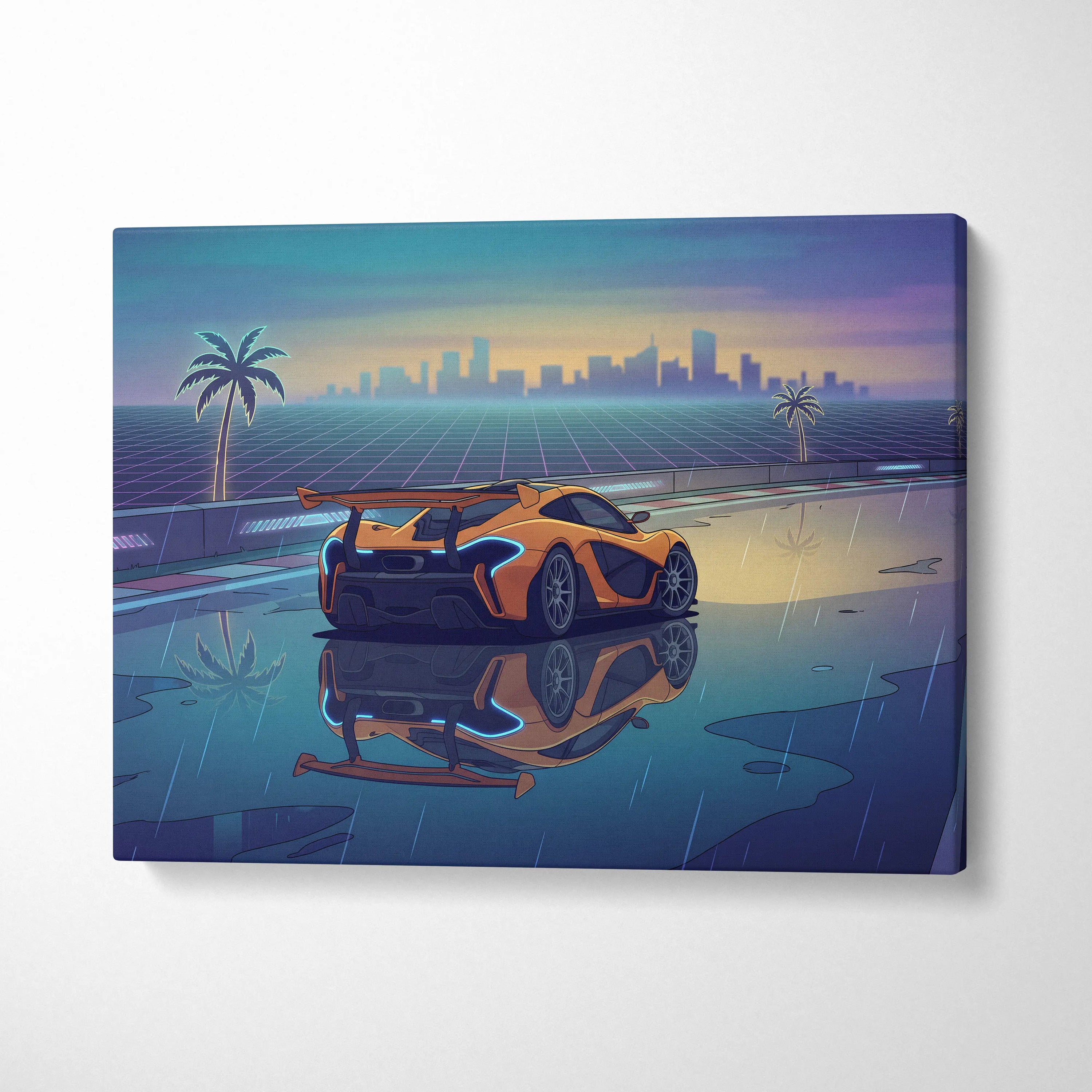 McLaren P1 GTR Inspired Orange Blue Canvas Wall Art, Vaporwave Hypercar Artwork, Neon Rain City Decor, Retro Futuristic Motorsport Print
