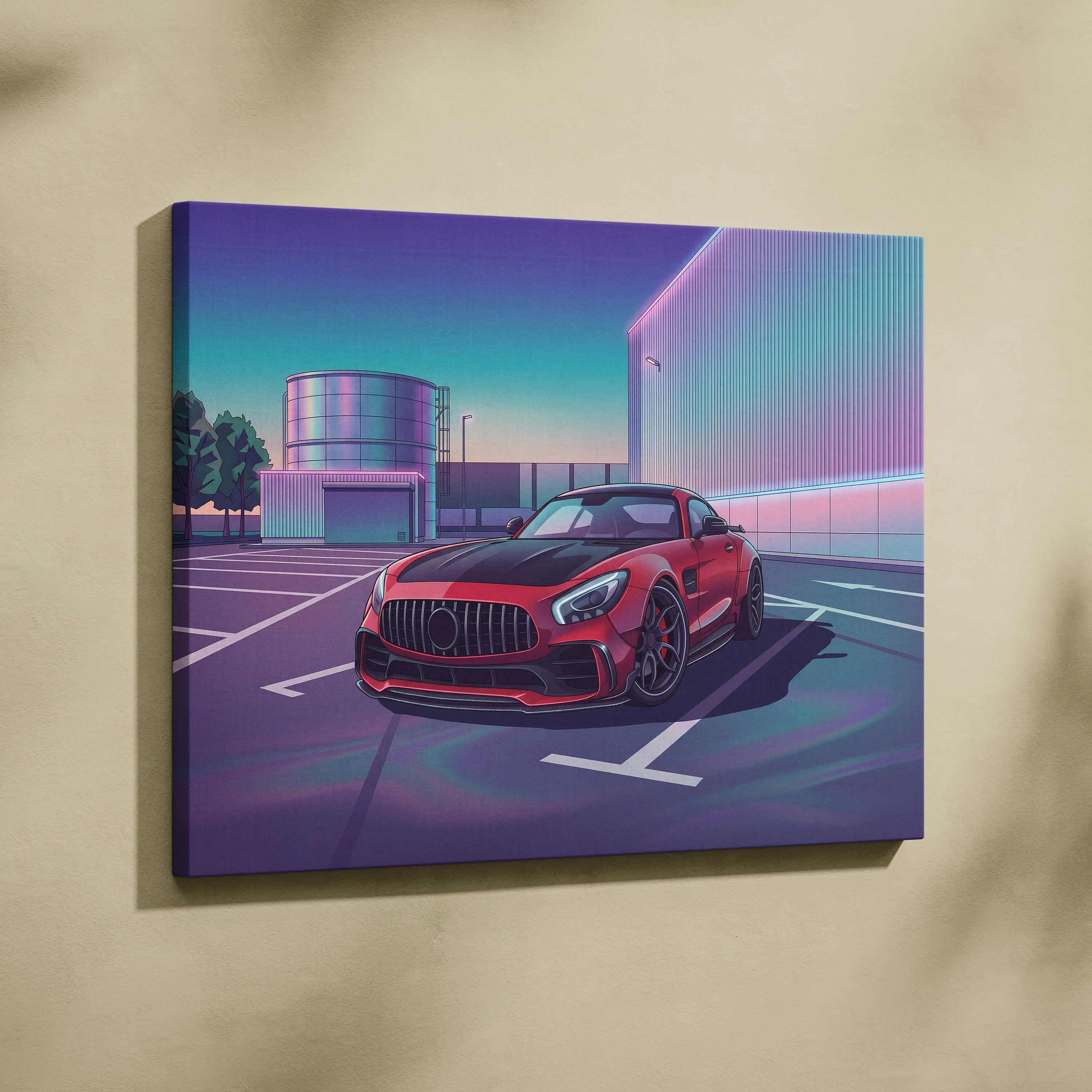 Mercedes AMG GT Inspired Red Purple Canvas Wall Art, Vaporwave Sports Car Artwork, Neon City Garage Decor, Retro Futuristic Auto Print