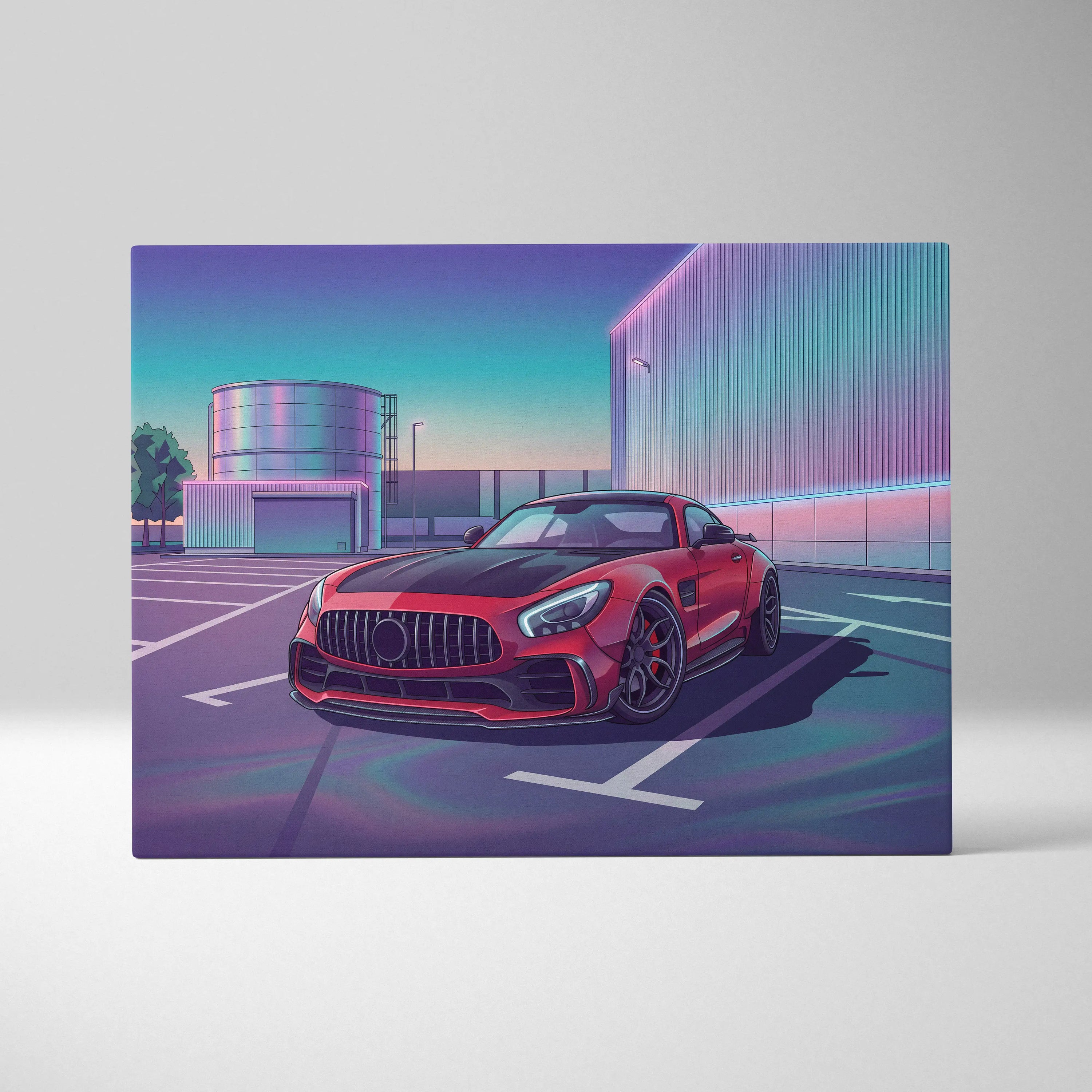 Mercedes AMG GT Inspired Red Purple Canvas Wall Art, Vaporwave Sports Car Artwork, Neon City Garage Decor, Retro Futuristic Auto Print
