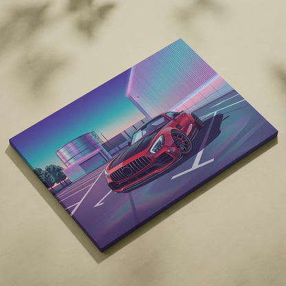 Mercedes AMG GT Inspired Red Purple Canvas Wall Art, Vaporwave Sports Car Artwork, Neon City Garage Decor, Retro Futuristic Auto Print