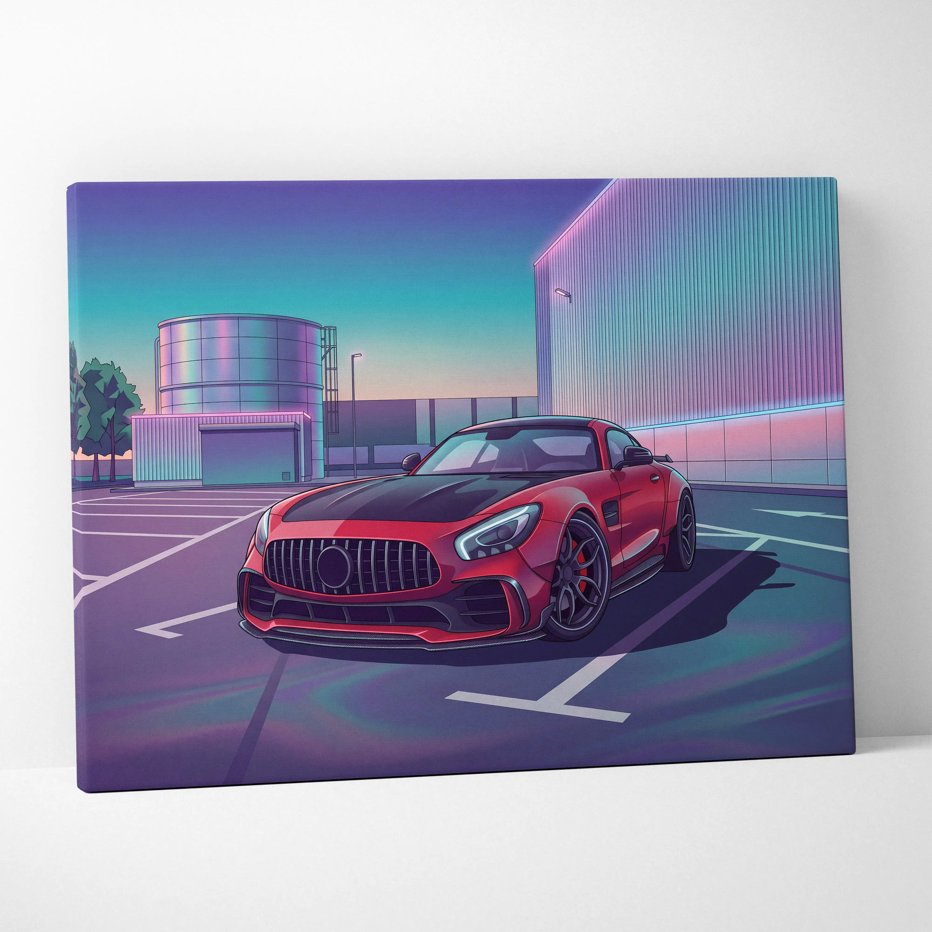 Mercedes AMG GT Inspired Red Purple Canvas Wall Art, Vaporwave Sports Car Artwork, Neon City Garage Decor, Retro Futuristic Auto Print