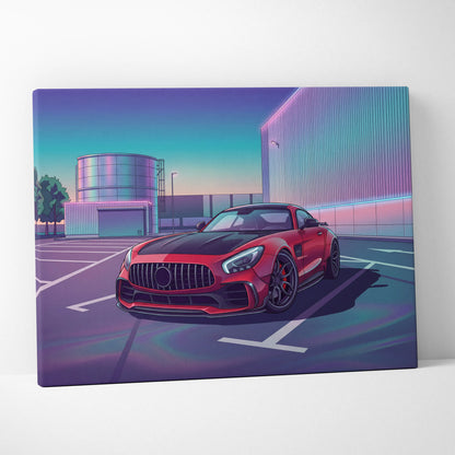 Mercedes AMG GT Inspired Red Purple Canvas Wall Art, Vaporwave Sports Car Artwork, Neon City Garage Decor, Retro Futuristic Auto Print