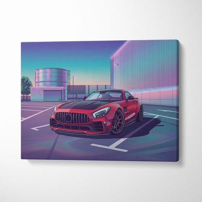 Mercedes AMG GT Inspired Red Purple Canvas Wall Art, Vaporwave Sports Car Artwork, Neon City Garage Decor, Retro Futuristic Auto Print