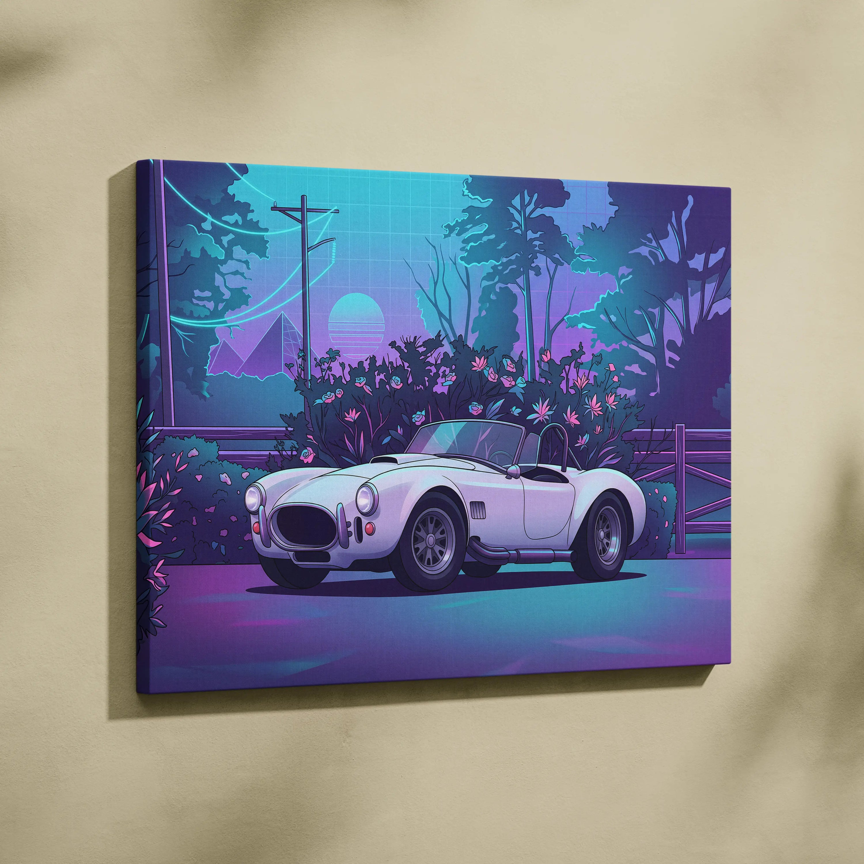 Shelby Cobra Inspired White Purple Canvas Wall Art, Vaporwave Roadster Artwork, Neon Forest Garage Decor, Retro Futuristic Classic Car Print
