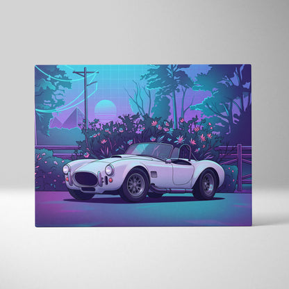 Shelby Cobra Inspired White Purple Canvas Wall Art, Vaporwave Roadster Artwork, Neon Forest Garage Decor, Retro Futuristic Classic Car Print