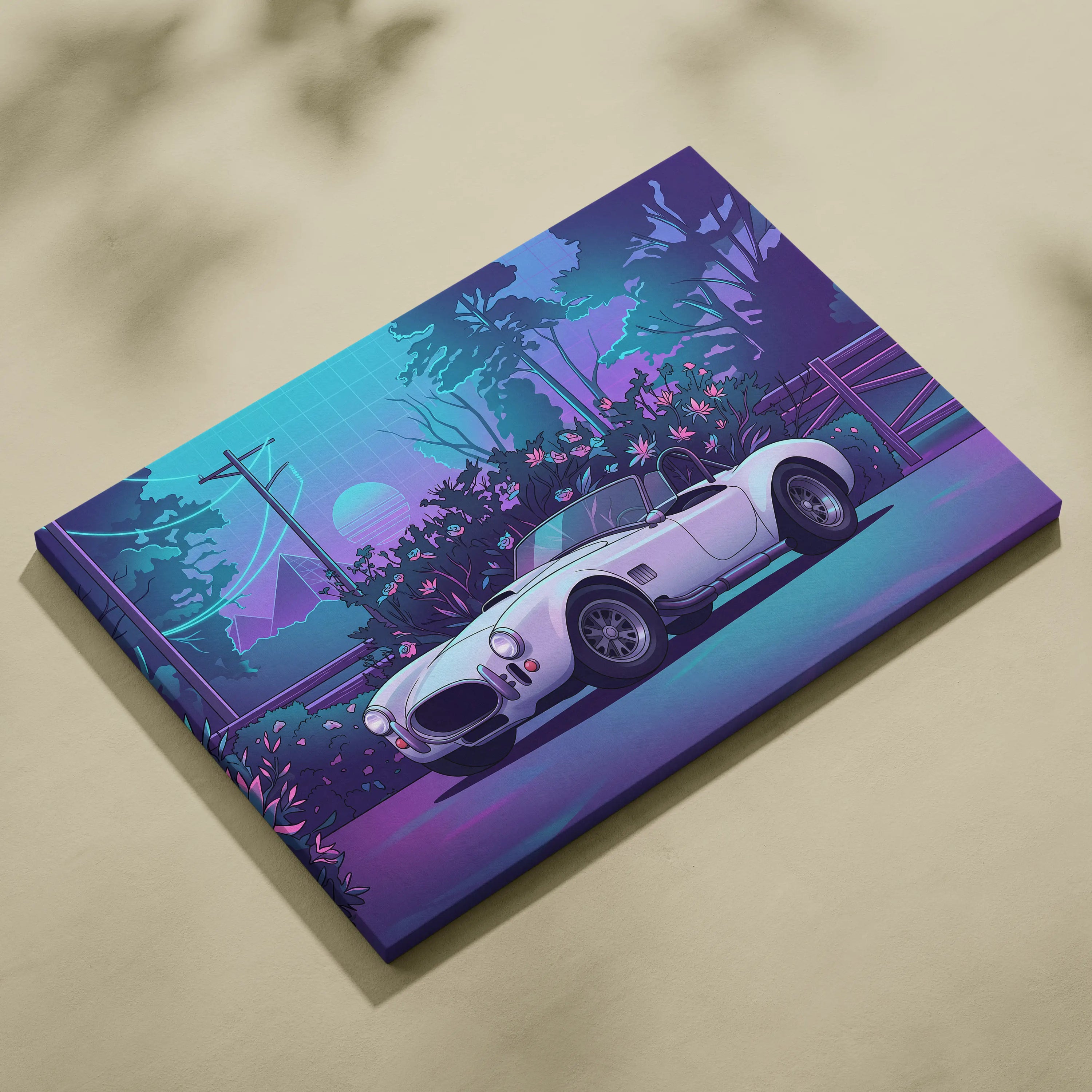 Shelby Cobra Inspired White Purple Canvas Wall Art, Vaporwave Roadster Artwork, Neon Forest Garage Decor, Retro Futuristic Classic Car Print