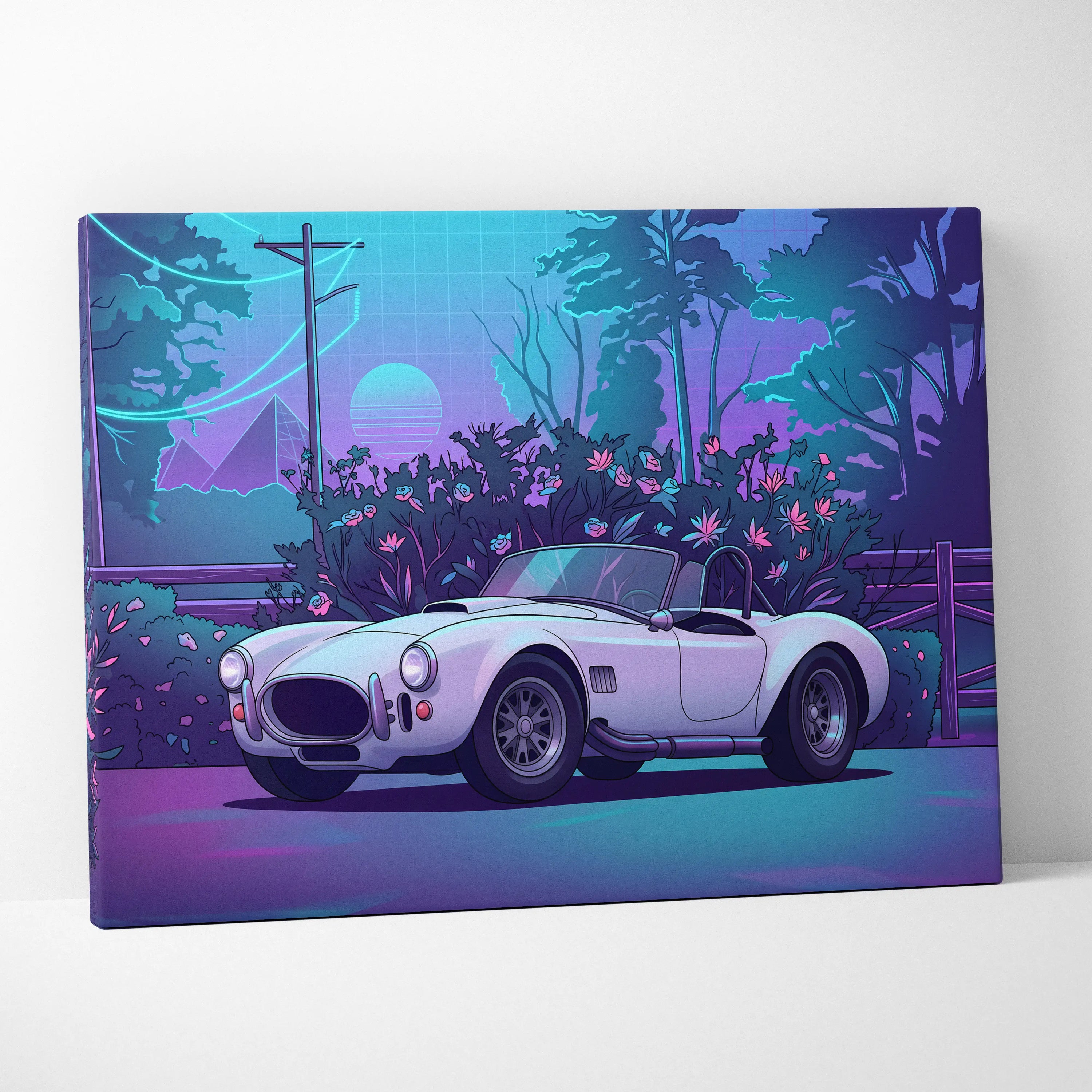 Shelby Cobra Inspired White Purple Canvas Wall Art, Vaporwave Roadster Artwork, Neon Forest Garage Decor, Retro Futuristic Classic Car Print