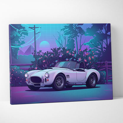 Shelby Cobra Inspired White Purple Canvas Wall Art, Vaporwave Roadster Artwork, Neon Forest Garage Decor, Retro Futuristic Classic Car Print