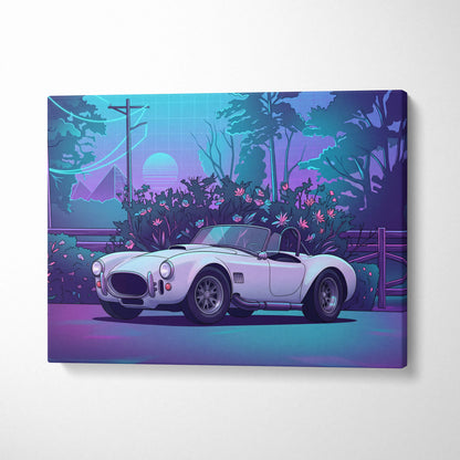 Shelby Cobra Inspired White Purple Canvas Wall Art, Vaporwave Roadster Artwork, Neon Forest Garage Decor, Retro Futuristic Classic Car Print