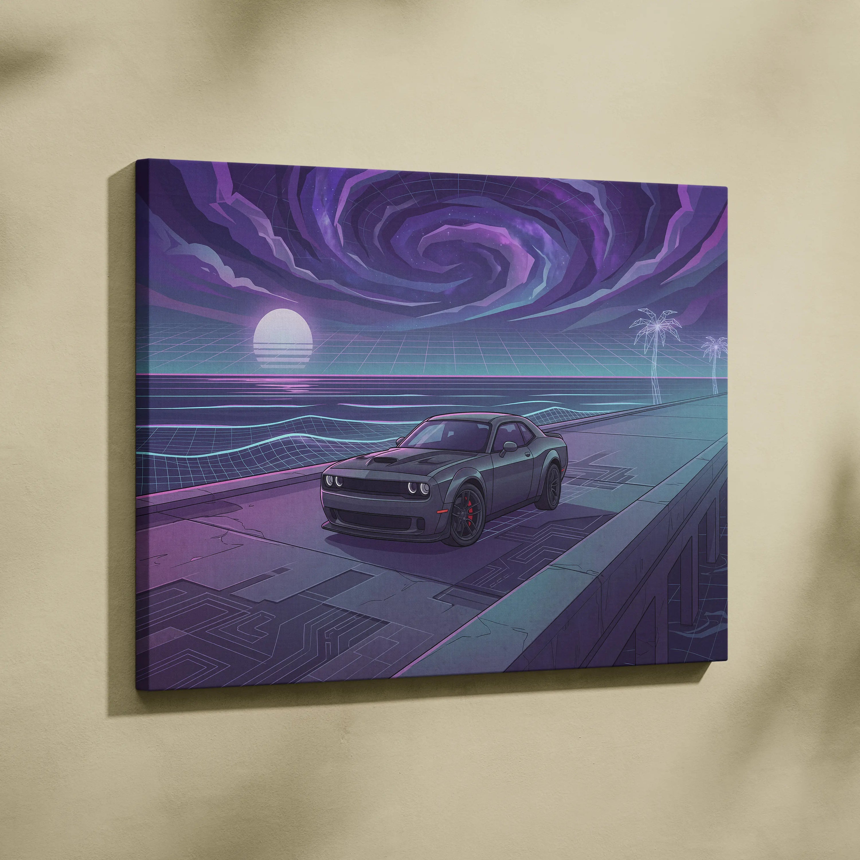 Dodge Challenger Inspired Gray Purple Canvas Wall Art, Vaporwave Muscle Car Artwork, Neon Sunset Garage Decor, Retro Futuristic Auto Print