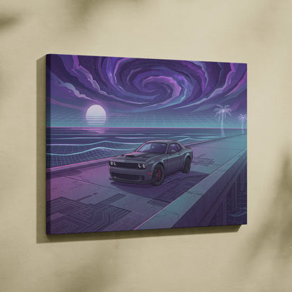 Dodge Challenger Inspired Gray Purple Canvas Wall Art, Vaporwave Muscle Car Artwork, Neon Sunset Garage Decor, Retro Futuristic Auto Print