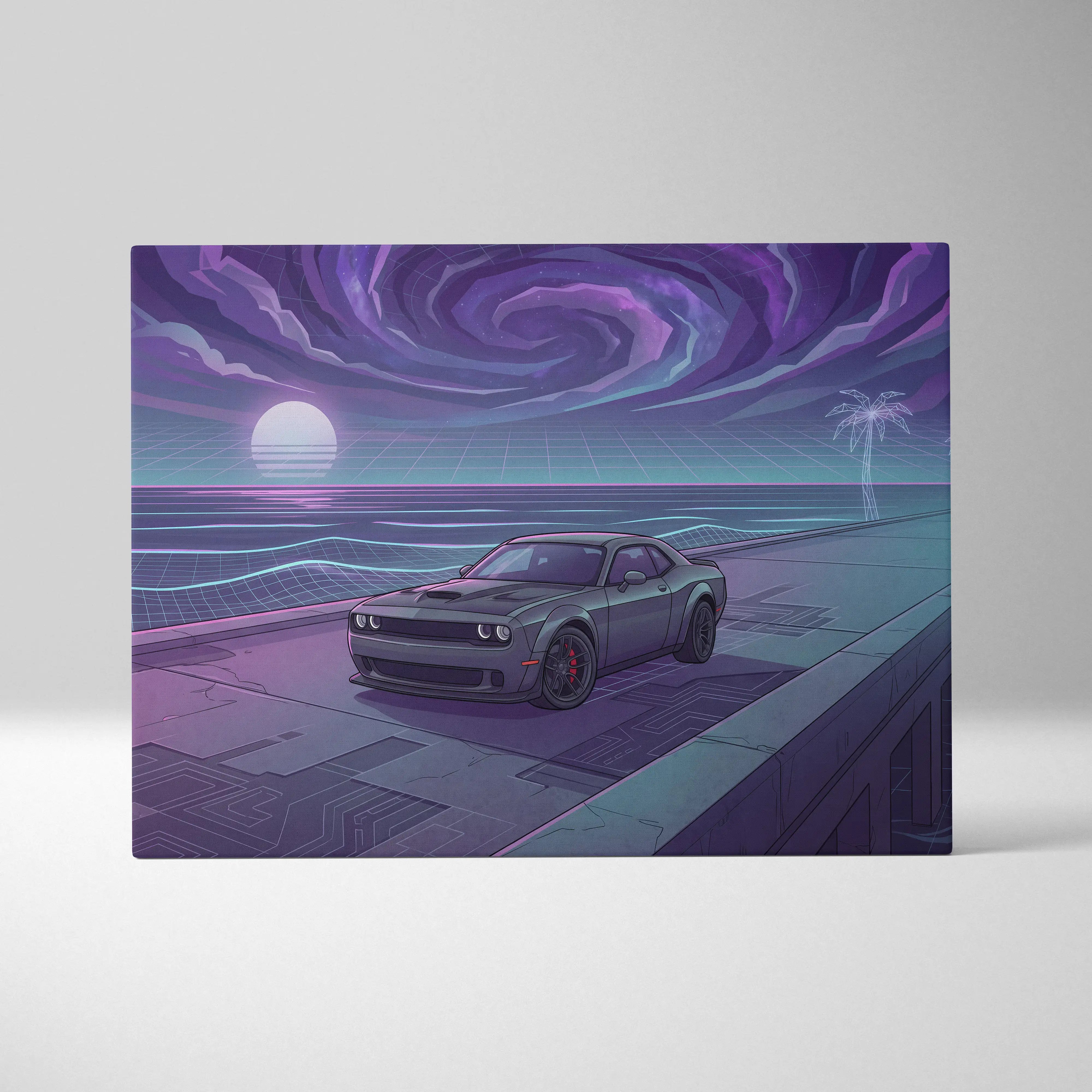 Dodge Challenger Inspired Gray Purple Canvas Wall Art, Vaporwave Muscle Car Artwork, Neon Sunset Garage Decor, Retro Futuristic Auto Print