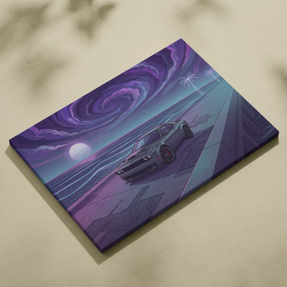 Dodge Challenger Inspired Gray Purple Canvas Wall Art, Vaporwave Muscle Car Artwork, Neon Sunset Garage Decor, Retro Futuristic Auto Print