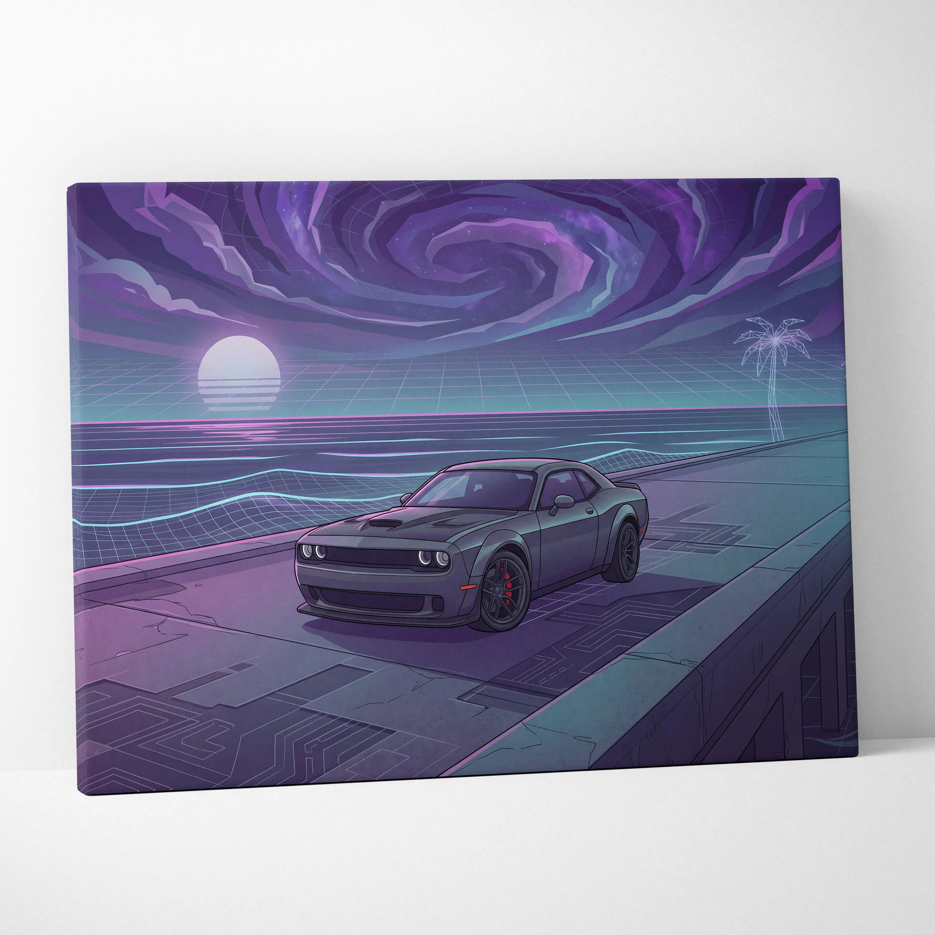 Dodge Challenger Inspired Gray Purple Canvas Wall Art, Vaporwave Muscle Car Artwork, Neon Sunset Garage Decor, Retro Futuristic Auto Print