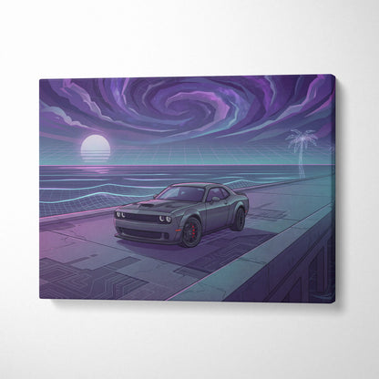 Dodge Challenger Inspired Gray Purple Canvas Wall Art, Vaporwave Muscle Car Artwork, Neon Sunset Garage Decor, Retro Futuristic Auto Print