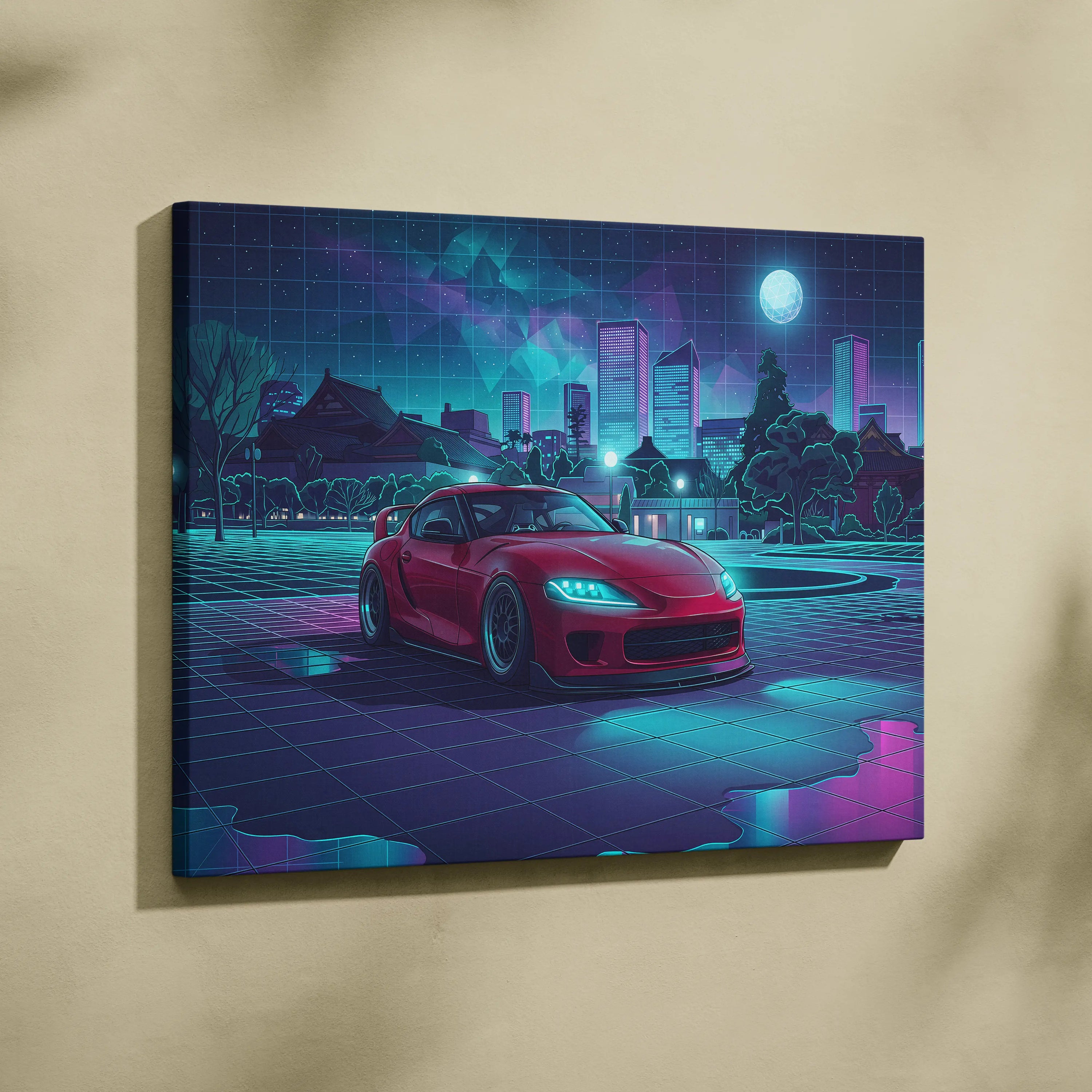Toyota Supra MK5 Inspired Red Teal Canvas Wall Art Vaporwave JDM Sports Car Artwork Neon City Garage Decor Retro Futuristic Night Print